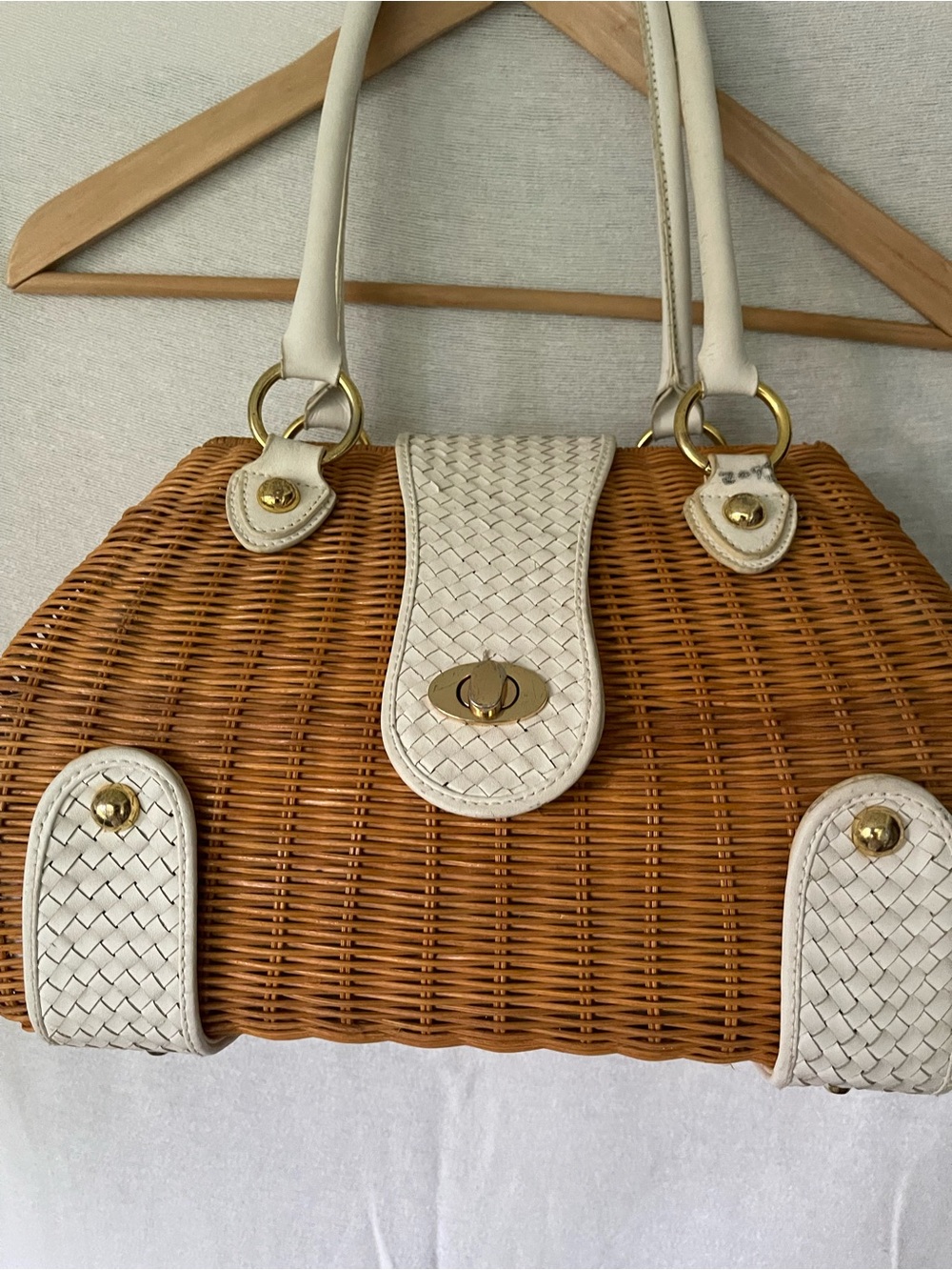 Adrienne Vittadini Leather And Wicker Handbag Rattan + White Pocketbook